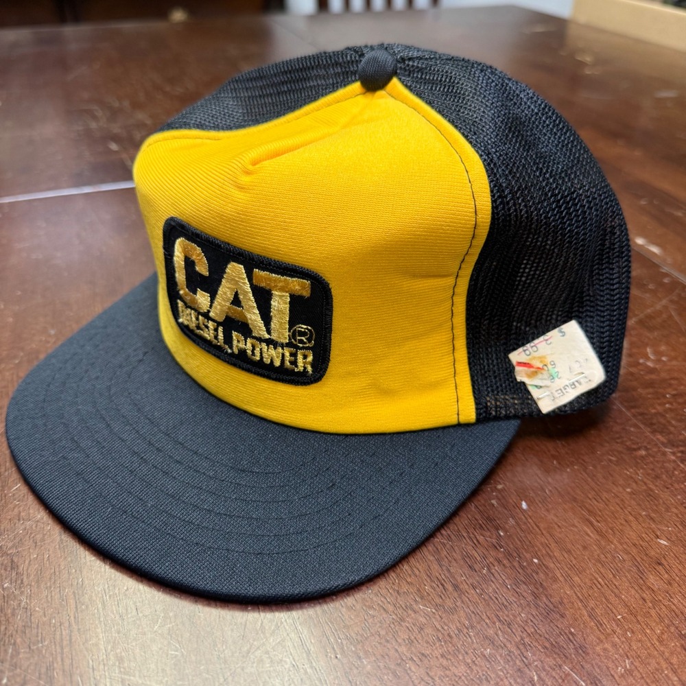 Vintage CAT Trucker Hat Mens OSFA Yellow Navy Diesel Power Mesh Snapback Cap